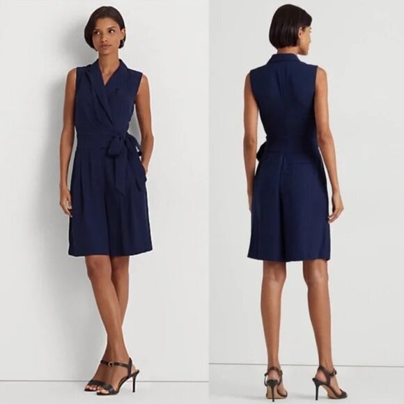 Lauren Ralph Lauren Pants - Lauren Ralph Lauren Belted Georgette Sleeveless Romper Refined Navy Size 10
